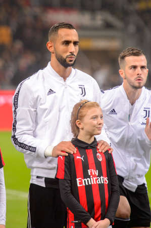MILAN - NOV 11, 2018: Medhi Benatia 4 close up portrait. AC Milan - Juventus. Italian Serie A TIM. Giuseppe Meazza Stadiumのeditorial素材