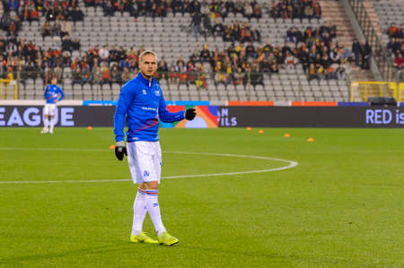 BRUSSELS - NOV 15, 2018: Rurik Gislason 19 warms up. Belgium - Iceland. UEFA Nations League.のeditorial素材