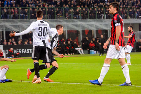 MILAN - NOV 11, 2018: Mario Mandzukic 17 scores the goal. AC Milan - Juventus. Italian Serie A TIM. Giuseppe Meazza Stadiumのeditorial素材