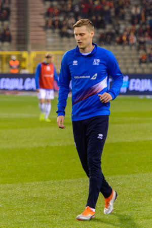 BRUSSELS - NOV 15, 2018: Iceland player warms up.  Belgium - Iceland. UEFA Nations League.のeditorial素材