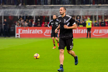 MILAN - NOV 11, 2018: Giorgio Chiellini 3 warms up. AC Milan - Juventus. Italian Serie A TIM. Giuseppe Meazza Stadiumのeditorial素材