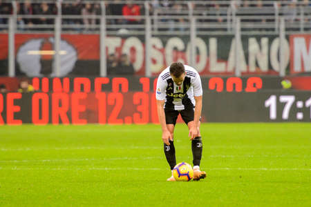 MILAN - NOV 11, 2018: Miralem Pjanic 5 is about to shoot a free kick. AC Milan - Juventus. Italian Serie A TIM. Giuseppe Meazza Stadiumのeditorial素材