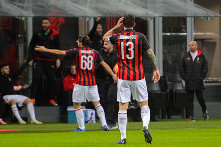 MILAN - NOV 11, 2018: Alessio Romagnoli 13. AC Milan - Juventus. Italian Serie A TIM. Giuseppe Meazza Stadiumのeditorial素材