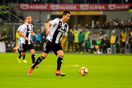 MILAN - NOV 11, 2018: Cristiano Ronaldo 7. AC Milan - Juventus. Italian Serie A TIM. Giuseppe Meazza Stadiumのeditorial素材