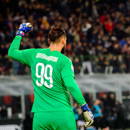 MILAN - NOV 11, 2018: Gianluigi Donnarumma 99. AC Milan - Juventus. Italian Serie A TIM. Giuseppe Meazza Stadiumのeditorial素材