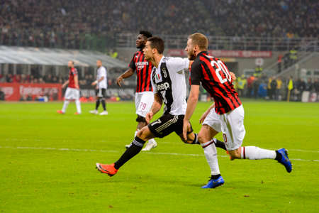 MILAN - NOV 11, 2018: Cristiano Ronaldo 7. AC Milan - Juventus. Italian Serie A TIM. Giuseppe Meazza Stadiumのeditorial素材