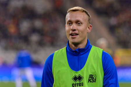 BRUSSELS - NOV 15, 2018: Iceland player warms up.  Belgium - Iceland. UEFA Nations League.のeditorial素材