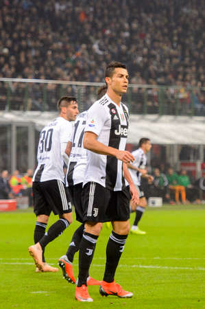 MILAN - NOV 11, 2018: Cristiano Ronaldo 7. AC Milan - Juventus. Italian Serie A TIM. Giuseppe Meazza Stadiumのeditorial素材