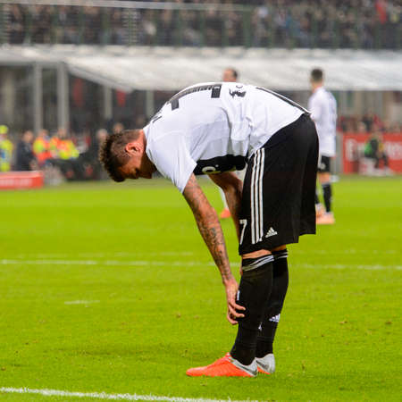 MILAN - NOV 11, 2018: Mario Mandzukic 17. AC Milan - Juventus. Italian Serie A TIM. Giuseppe Meazza Stadiumのeditorial素材