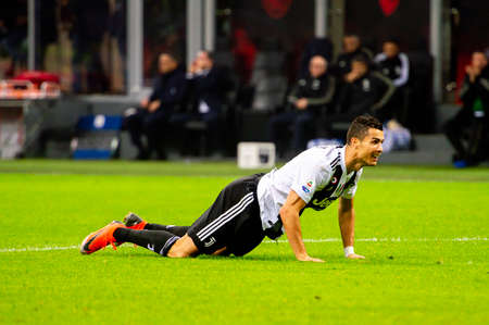 MILAN - NOV 11, 2018: Cristiano Ronaldo 7 almost scores. AC Milan - Juventus. Italian Serie A TIM. Giuseppe Meazza Stadiumのeditorial素材