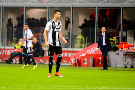 MILAN - NOV 11, 2018: Cristiano Ronaldo 7. AC Milan - Juventus. Italian Serie A TIM. Giuseppe Meazza Stadiumのeditorial素材