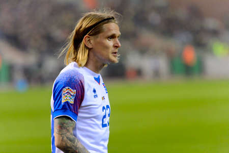 BRUSSELS - NOV 15, 2018: Ari Skulason 23 close up portrait. Belgium - Iceland. UEFA Nations League.