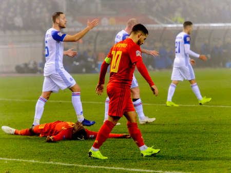 BRUSSELS - NOV 15, 2018: Eden Hazard 10 in attack.  Belgium - Iceland. UEFA Nations League.のeditorial素材