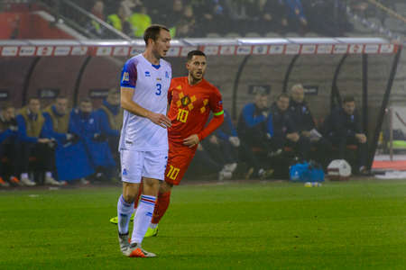 BRUSSELS - NOV 15, 2018: Jon Gudni Fjoluson 3 in action. Belgium - Iceland. UEFA Nations League.のeditorial素材