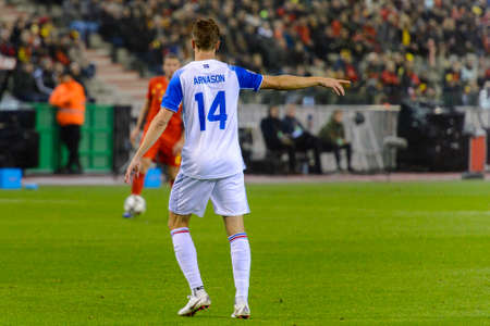 BRUSSELS - NOV 15, 2018: Kari Arnason 14. Belgium - Iceland. UEFA Nations League.のeditorial素材