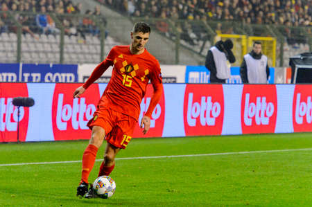 BRUSSELS - NOV 15, 2018: Thomas Meunier 15 controls the ball. Belgium - Iceland. UEFA Nations League.のeditorial素材