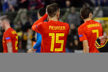 BRUSSELS - NOV 15, 2018: Thomas Meunier 15 from behind. Belgium - Iceland. UEFA Nations League.のeditorial素材