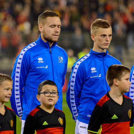 BRUSSELS - NOV 15, 2018: Iceland team sings the national anthem. Belgium - Iceland. UEFA Nations League.のeditorial素材