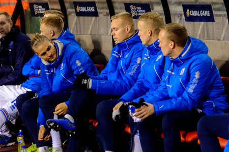 BRUSSELS - NOV 15, 2018:Coaches of Iceland.  Belgium - Iceland. UEFA Nations League.のeditorial素材
