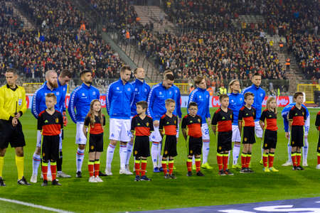 BRUSSELS - NOV 15, 2018: Iceland team sings the national anthem. Belgium - Iceland. UEFA Nations League.のeditorial素材