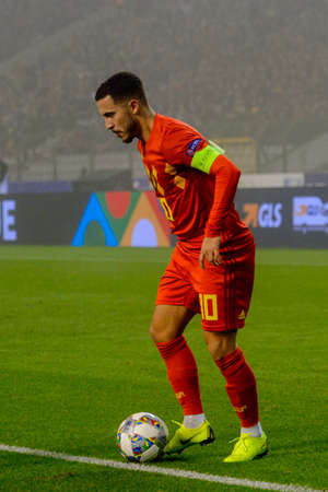 BRUSSELS - NOV 15, 2018: Eden Hazard 10 in attack.  Belgium - Iceland. UEFA Nations League.のeditorial素材