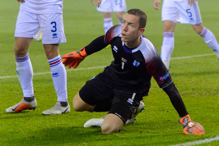 BRUSSELS - NOV 15, 2018: Hannes Halldorsson 1. Belgium - Iceland. UEFA Nations League.のeditorial素材