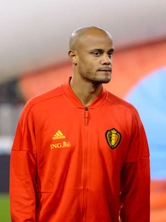 BRUSSELS - NOV 15, 2018: Vincent Kompany 4 listens the anthem. Belgium - Iceland. UEFA Nations League.のeditorial素材