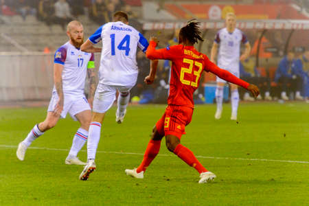 BRUSSELS - NOV 15, 2018: Kari Arnason 14. Belgium - Iceland. UEFA Nations League.のeditorial素材