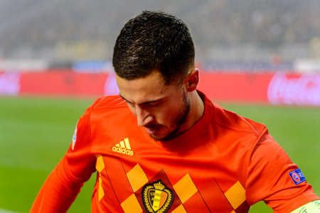 BRUSSELS - NOV 15, 2018: Eden Hazard 10 close up portrait.  Belgium - Iceland. UEFA Nations League.のeditorial素材