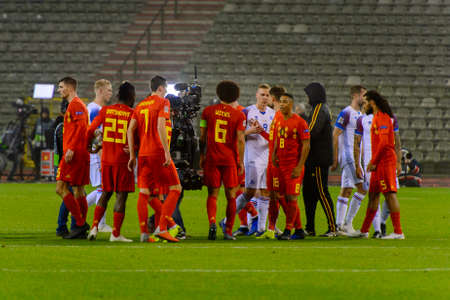 BRUSSELS - NOV 15, 2018: Players celebrate the victory. Belgium - Iceland. UEFA Nations League.のeditorial素材