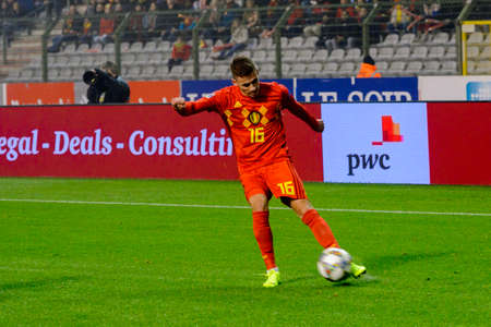 BRUSSELS - NOV 15, 2018: Thorgan Hazard 16 controls the ball. Belgium - Iceland. UEFA Nations League.のeditorial素材