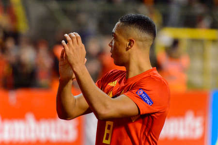 BRUSSELS - NOV 15, 2018: Youri Tielemans 8 close up portrait.  Belgium - Iceland. UEFA Nations League.のeditorial素材