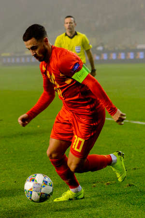 BRUSSELS - NOV 15, 2018: Eden Hazard 10 in attack.  Belgium - Iceland. UEFA Nations League.のeditorial素材