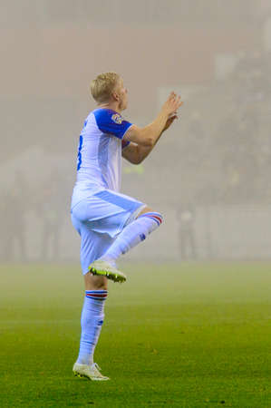 BRUSSELS - NOV 15, 2018: Hordur Magnusson 18 in action. Belgium - Iceland. UEFA Nations League.のeditorial素材