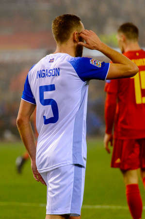 BRUSSELS - NOV 15, 2018: Sverrir Ingason 5. Belgium - Iceland. UEFA Nations League.のeditorial素材