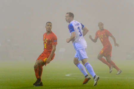 BRUSSELS - NOV 15, 2018: Jon Gudni Fjoluson 3 in action. Belgium - Iceland. UEFA Nations League.のeditorial素材