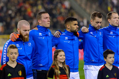 BRUSSELS - NOV 15, 2018: Iceland team sings the national anthem. Belgium - Iceland. UEFA Nations League.のeditorial素材
