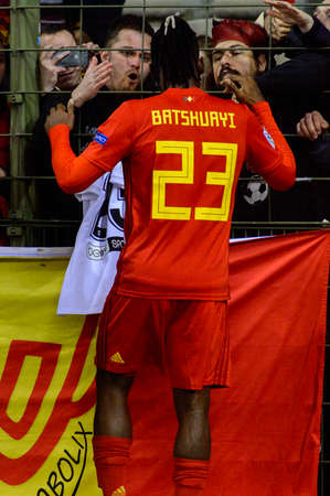 BRUSSELS - NOV 15, 2018: Michy Batshuayi 23 greets the fans.  Belgium - Iceland. UEFA Nations League.のeditorial素材