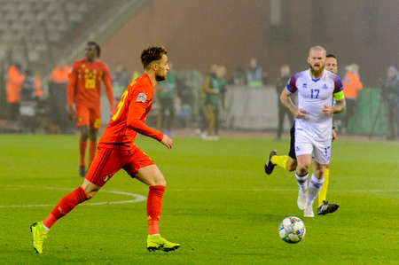 BRUSSELS - NOV 15, 2018: Adnan Januzaj 18 controls the ball. Belgium - Iceland. UEFA Nations League.のeditorial素材