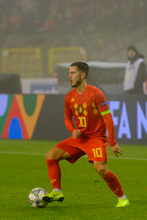 BRUSSELS - NOV 15, 2018: Eden Hazard 10 in attack.  Belgium - Iceland. UEFA Nations League.のeditorial素材