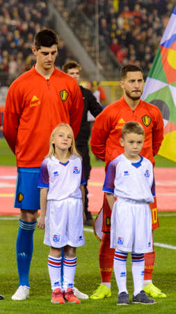 BRUSSELS - NOV 15, 2018: Thibaut Courtois 1 listens the anthem. Belgium - Iceland. UEFA Nations League.のeditorial素材