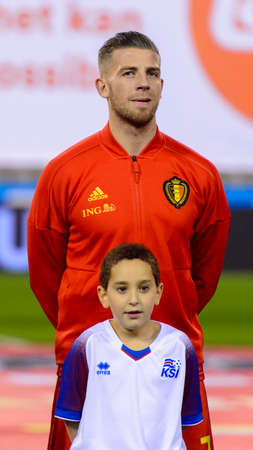 BRUSSELS - NOV 15, 2018: Toby Alderweireld 2 listens the anthem. Belgium - Iceland. UEFA Nations League.のeditorial素材