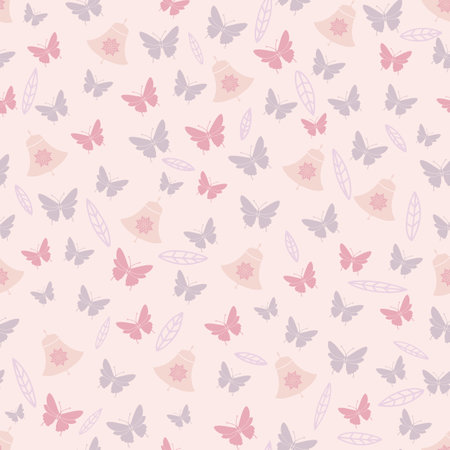 Blush Butterfly Flowers Leaves and Bells Spring Tea Party Seamless Patternのイラスト素材