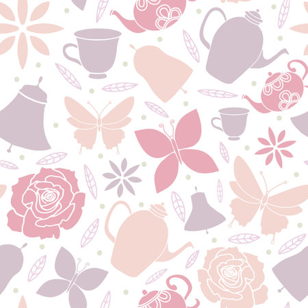 White Butterfly Flowers Teapots Spring Garden Tea Party Seamless Patternのイラスト素材