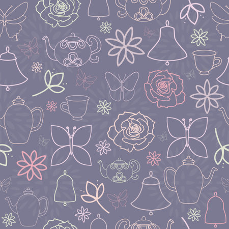 Purple Spring Garden Tea Party Seamless Patternのイラスト素材