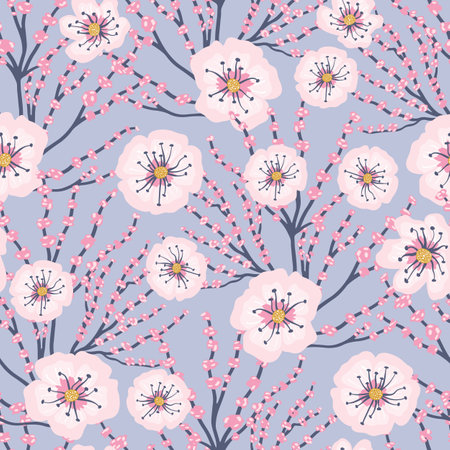 Vector Pink Flowers Blue Background Cherry Blossom Meadows Seamless Patternのイラスト素材