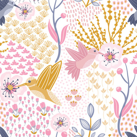 Hummingbird and Cherry Blossom White Background Seamless Patternのイラスト素材