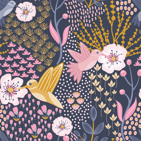 Hummingbird and Cherry Blossom Blue Background Seamless Patternのイラスト素材