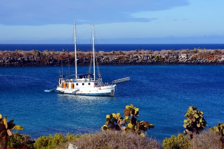 A Yacht Anchored in the Islas Plaza, Galapagos, Ecuadorのeditorial素材