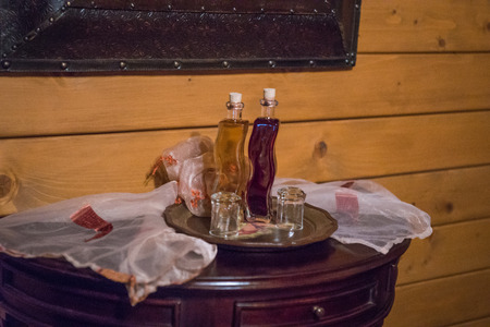 Still life with liqueur on the round table, Trikala Korinthias, Peloponnese, Greeceの写真素材